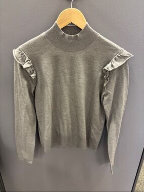 LOFT Tan Ruffle-Shoulder Mock Neck Sweater